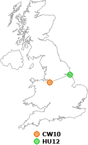 map showing distance between CW10 and HU12