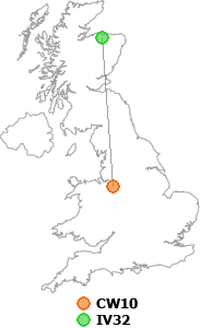 map showing distance between CW10 and IV32