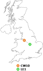 map showing distance between CW10 and LE1