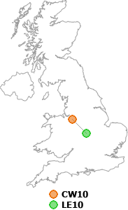 map showing distance between CW10 and LE10