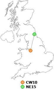 map showing distance between CW10 and NE15