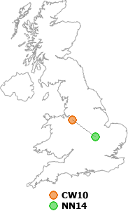 map showing distance between CW10 and NN14