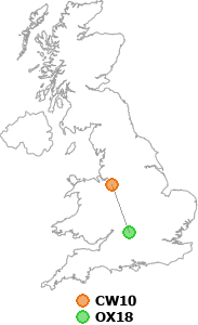 map showing distance between CW10 and OX18