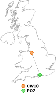 map showing distance between CW10 and PO7
