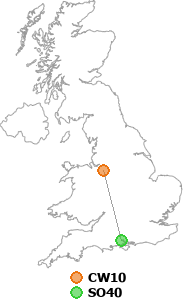 map showing distance between CW10 and SO40