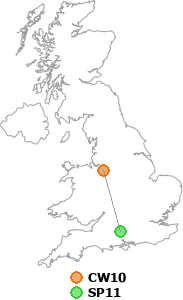 map showing distance between CW10 and SP11