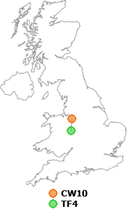 map showing distance between CW10 and TF4