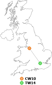 map showing distance between CW10 and TW14