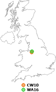 map showing distance between CW10 and WA16