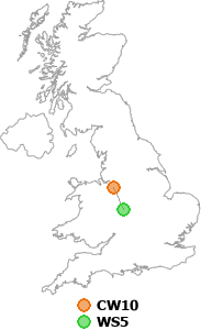 map showing distance between CW10 and WS5