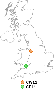 map showing distance between CW11 and CF14