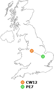 map showing distance between CW12 and PE7