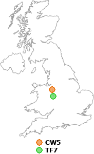 map showing distance between CW5 and TF7