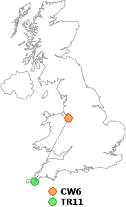 map showing distance between CW6 and TR11