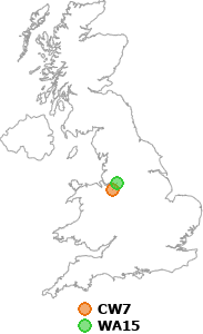 map showing distance between CW7 and WA15