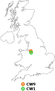 map showing distance between CW9 and CW1