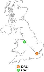 map showing distance between DA1 and CW5