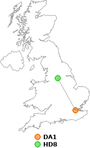 map showing distance between DA1 and HD8