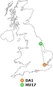map showing distance between DA1 and HU17