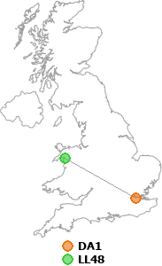 map showing distance between DA1 and LL48