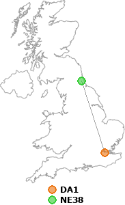 map showing distance between DA1 and NE38