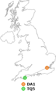 map showing distance between DA1 and TQ5