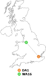 map showing distance between DA1 and WA16