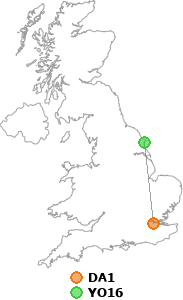 map showing distance between DA1 and YO16