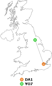 map showing distance between DA1 and YO7