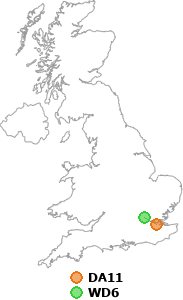 map showing distance between DA11 and WD6