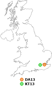 map showing distance between DA13 and KT13