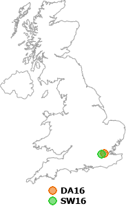 map showing distance between DA16 and SW16