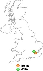 map showing distance between DA16 and WD6
