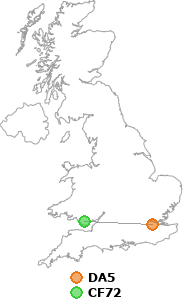 map showing distance between DA5 and CF72
