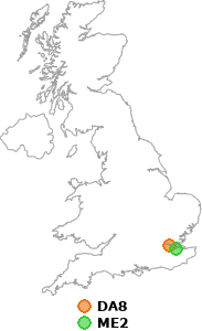 map showing distance between DA8 and ME2