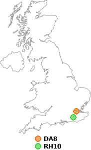 map showing distance between DA8 and RH10