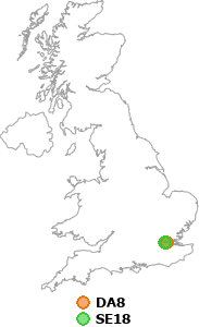 map showing distance between DA8 and SE18