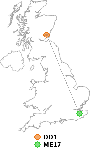 map showing distance between DD1 and ME17