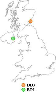 map showing distance between DD7 and BT4