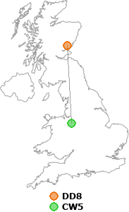 map showing distance between DD8 and CW5