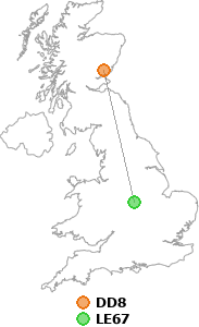 map showing distance between DD8 and LE67