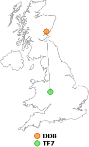 map showing distance between DD8 and TF7