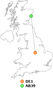 map showing distance between DE1 and AB39