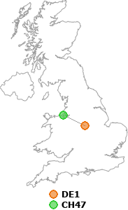 map showing distance between DE1 and CH47
