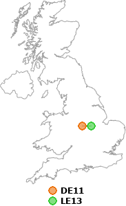 map showing distance between DE11 and LE13
