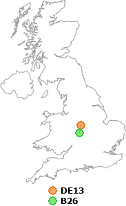 map showing distance between DE13 and B26