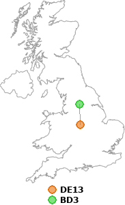 map showing distance between DE13 and BD3