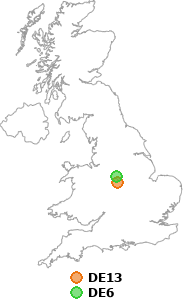 map showing distance between DE13 and DE6