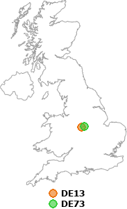 map showing distance between DE13 and DE73