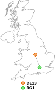 map showing distance between DE13 and RG1